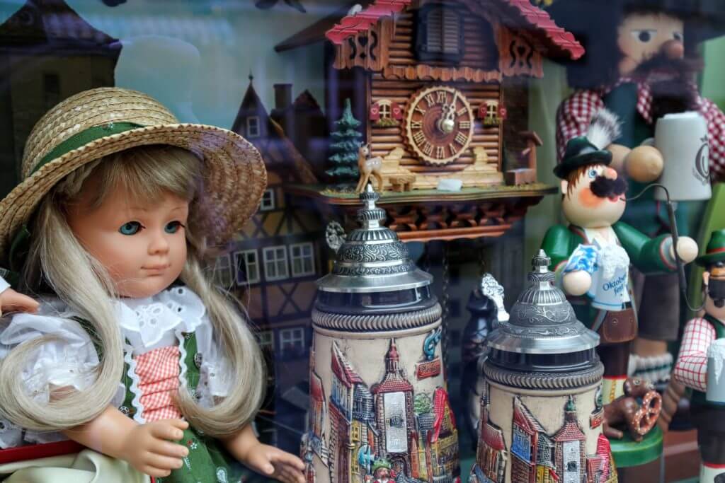 Dolls, steins, cuckoo clocks, Christmas ornaments, and trinkets at a store in Rothenburg ob der Tauber. Discover 20 picture perfect reasons to visit Germany. Want even more wanderlust inspiration? Follow The Scenic Suitcase on Pinterest!