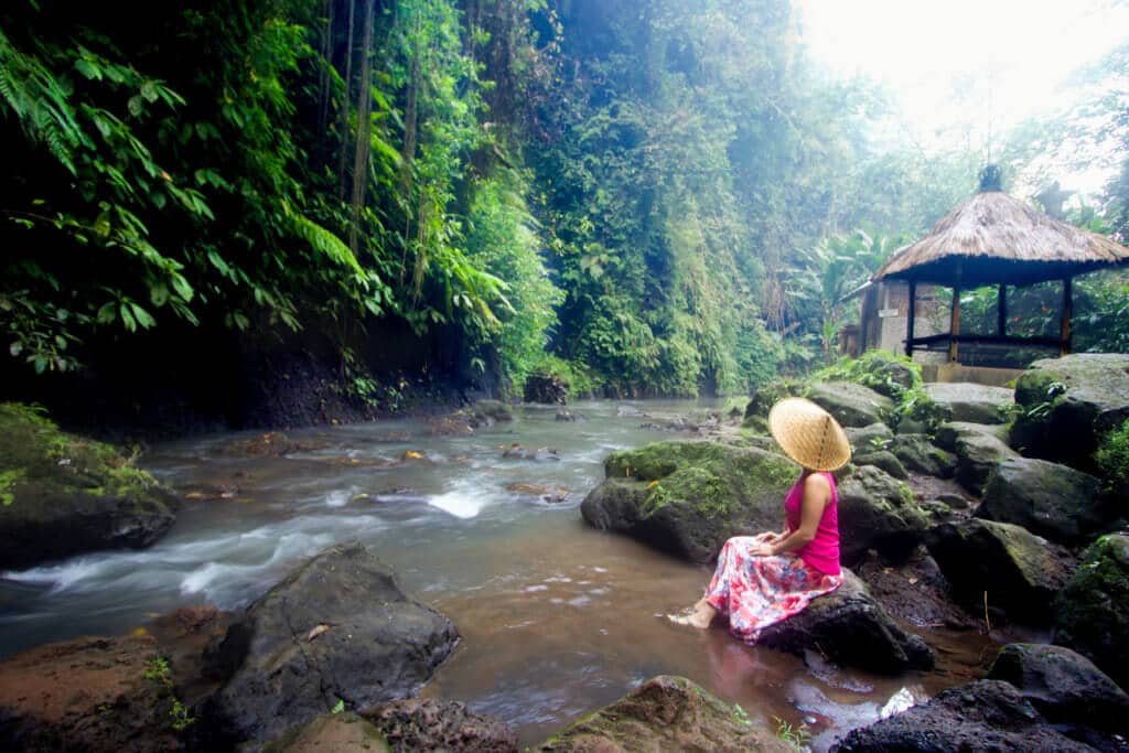 Relaxing in the jungle vegetation along a river in Bali, Indonesia. Discover the most picture perfect moments of the year. And for more travel tips and wanderlust inspiration, follow The Scenic Suitcase on Pinterest!
