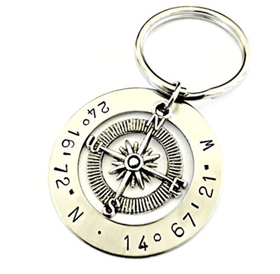 Personalized GPS coordinate compass keychain. Looking for a heartfelt gift for the traveller in your life? Then discover 12 wanderfully romantic travel gifts for your special someone! And for more wanderlust inspiration and travel tips follow The Scenic Suitcase on Pinterest!