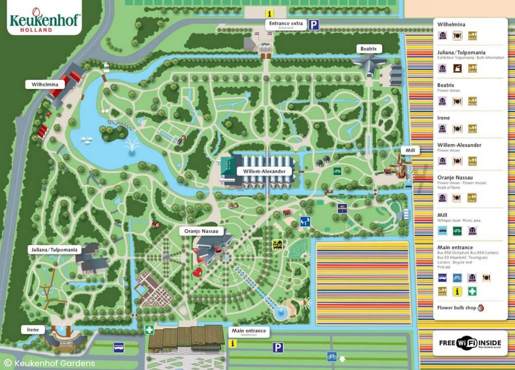 A map of Keukenhof Gardens. Discover why visiting Keukenhof Gardens is a must when visiting Amsterdam. Find out when to go, how to get there, and what you can expect to see. For more wanderlust inspiration and travel tips follow The Scenic Suitcase on Pinterest! 