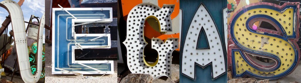 Vegas spelled out in different vintage neon letters. Visiting the Neon Boneyard is a must when you're in Las Vegas. Discover the rich history behind these Sin City icons, and what you need to know before you go! And for more travel tips and wanderlust inspiration, follow The Scenic Suitcase on Pinterest!