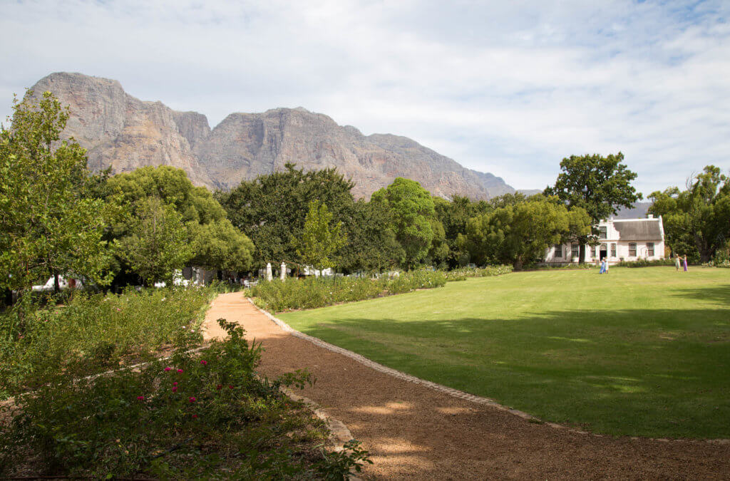A farmhouse surrounded by trees with mountains in the background. Visiting the Boschendal Wine Farm in South Africa is a treat for the senses. From delectable food to beautiful scenery to the savory wine, it's an experience that shouldn't be missed in South Africa. Here's what you need to know before you go. And for more travel tips and wanderlust inspiration, follow The Scenic Suitcase on Pinterest!