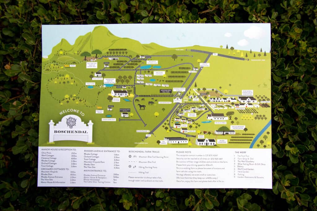 A map of Boschendal. Visiting the Boschendal Wine Farm in South Africa is a treat for the senses. From delectable food to beautiful scenery to the savory wine, it's an experience that shouldn't be missed in South Africa. Here's what you need to know before you go. And for more travel tips and wanderlust inspiration, follow The Scenic Suitcase on Pinterest!