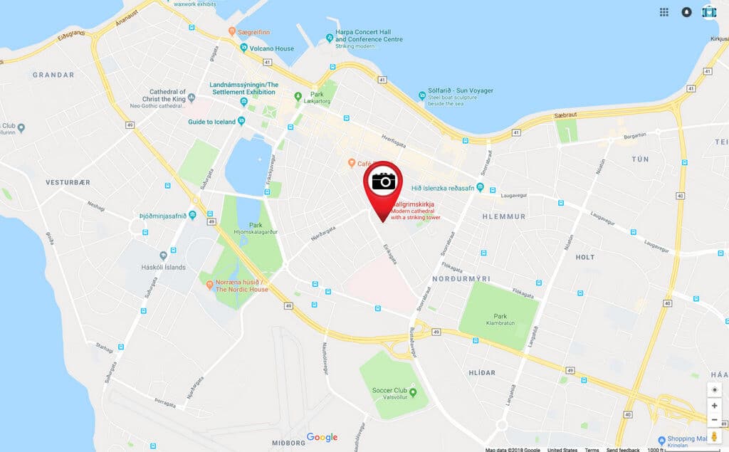 A map of Reykjavik, Iceland.