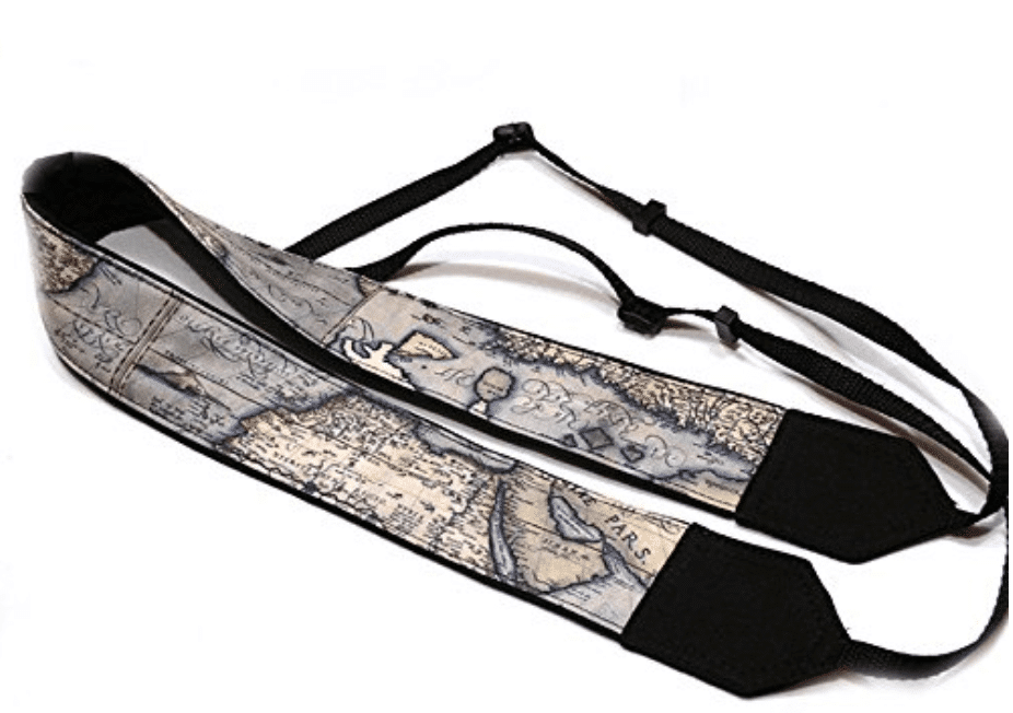 Vintage map camera strap. Find all the essential travel photography gear for any shutterbug with a serious case of wanderlust in this travel photography gift guide. Everything you could possibly need to take your photos to the next level! And for more travel tips follow The Scenic Suitcase on Pinterest!