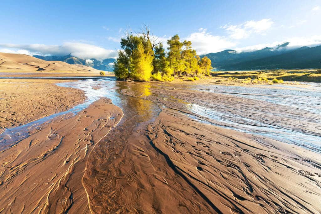 A shallow creekbed and trees with sand dunes and mountains in the background. Get the inside scoop about visiting the Great Sand Dunes from a Colorado local. From where to find them to tips when you get there, this guide has it all! And for more travel tips and wanderlust inspiration, follow The Scenic Suitcase on Pinterest!