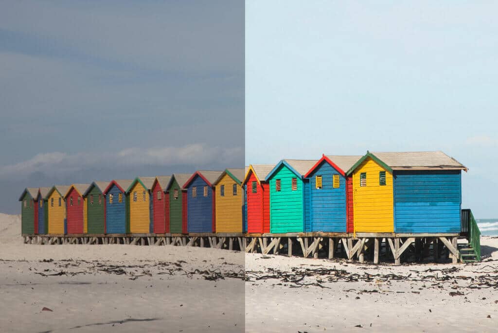 Before and after photo of colorful huts on a beach. Learn how to create stunning images just like the pros! This beginner's guide to editing photos in Lightroom will show you easy tools to step up your photography game. And for more photography tips and travel inspiration, follow The Scenic Suitcase on Pinterest!