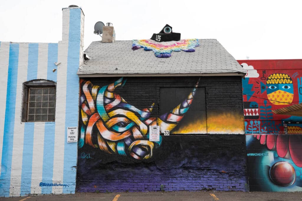 Graffiti art of a colorful ribbon rino and yarn on the roof that looks like a dripping rainbow. Discover where to find the best street art in Denver! From memorable murals to colorful characters, here's what you need to know. And for more travel tips and wanderlust inspiration, follow The Scenic Suitcase on Pinterest!