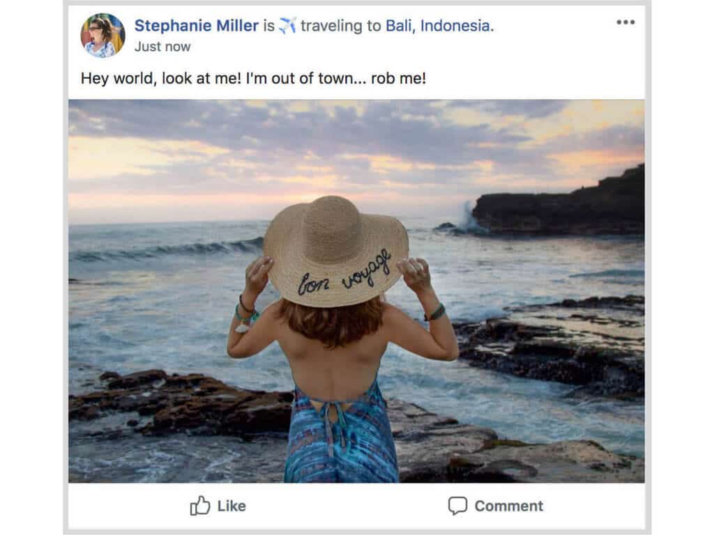 A Facebook post of being out of town. Learn 10 travel safety tips every jetsetter should know. How to avoid scams, ways to stay safe abroad, how to ensure your home stays safe, and more! And for additional travel tips and wanderlust inspiration, follow The Scenic Suitcase on Pinterest!