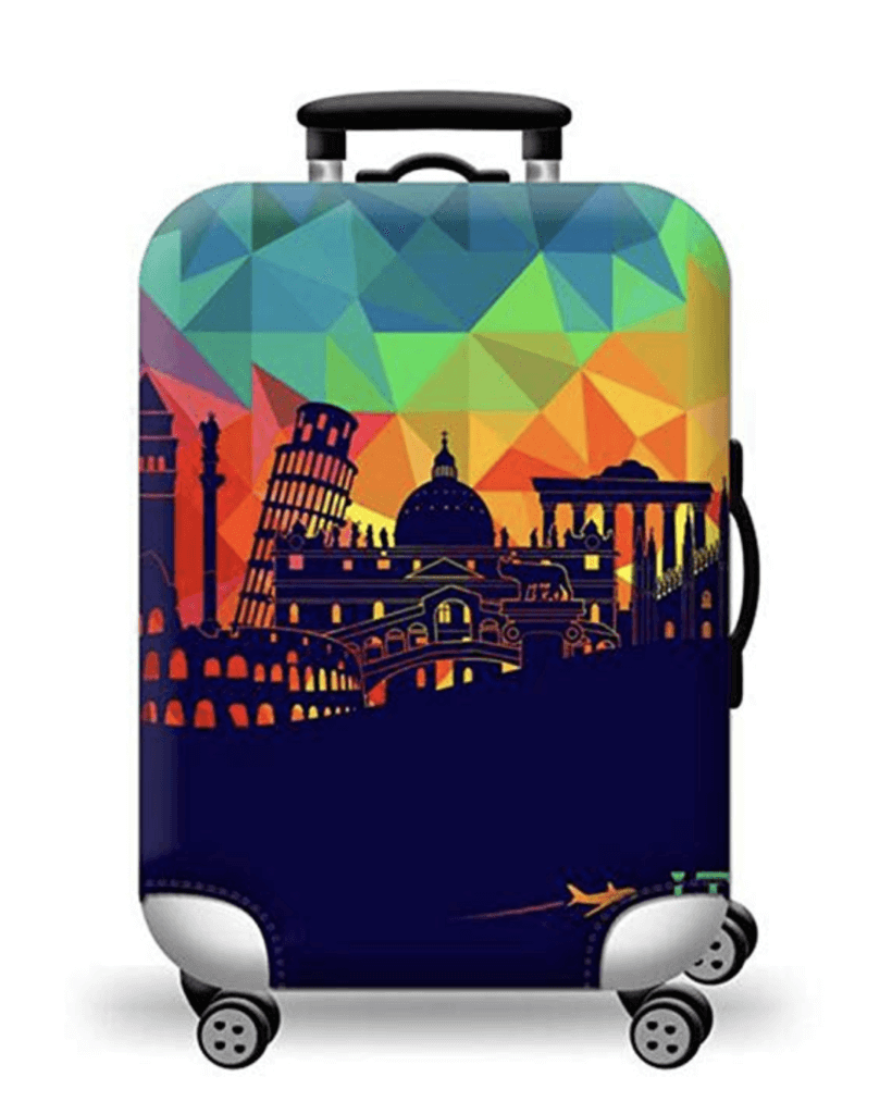 A colorful suitcase cover with landmark silhouettes. Discover the top 10 travel essentials every globetrotter needs. These helpful (and sometimes surprising) accessories will transform the way you travel! And for more travel tips and wanderlust inspiration, follow The Scenic Suitcase on Pinterest!