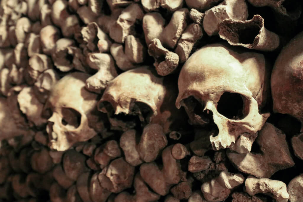 Skulls and human bones stacked to form a wall. Learn the best tips for visiting the Paris catacombs. How to avoid insanely long lines, and what to expect when you get there! And for more travel tips and wanderlust inspiration follow The Scenic Suitcase on Pinterest!