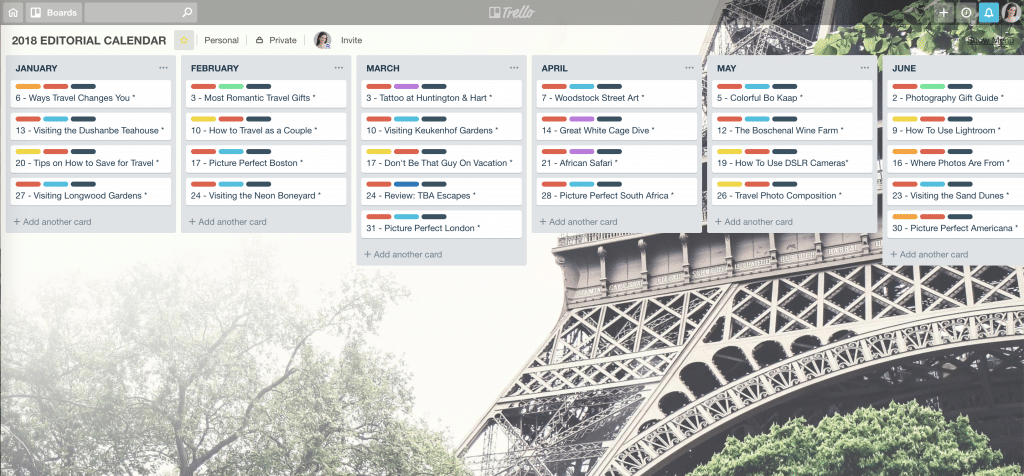 Trello screenshot. Discover 20 of the best tools for bloggers that will keep you organized, make you more productive, and save you an insane amount of time. And for more tips, follow The Scenic Suitcase on Pinterest!
