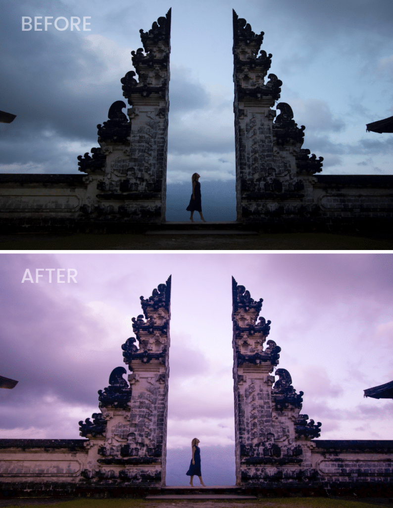 A before and after showing how presets change your photos in Lightroom. Learn everything you need to know about how to create and use Lightroom presets to edit your photos in half the time! And for more travel photography tips, follow The Scenic Suitcase on Pinterest!