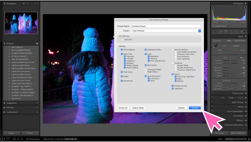 A screenshot of how to create a preset in Lightroom. Learn everything you need to know about how to create and use Lightroom presets to edit your photos in half the time! And for more travel photography tips, follow The Scenic Suitcase on Pinterest!
