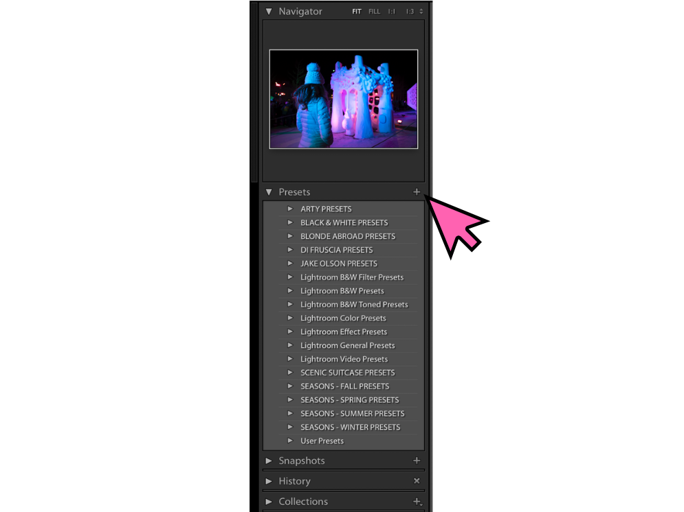 A screenshot of how to add a preset in Lightroom. 