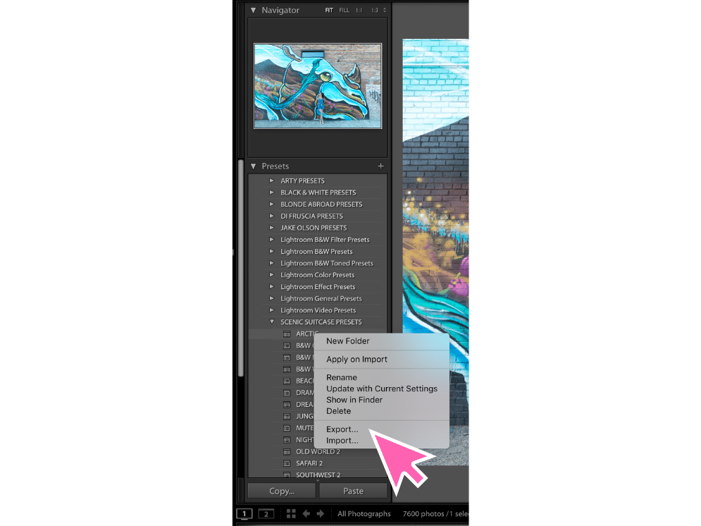 A screenshot of how to export a new preset in Lightroom. 