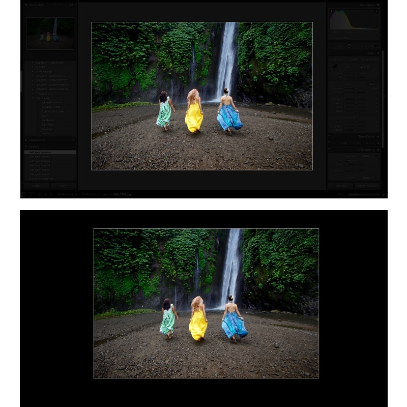Screenshot showing how to darken the editing toolbars around an image in Lightroom. Learn 7 lightroom tips and tricks to make your workflow infinitely easier. Once you know these shortcuts, you'll wonder how you ever lived without them! And for more travel and photography tips, follow The Scenic Suitcase on Pinterest!