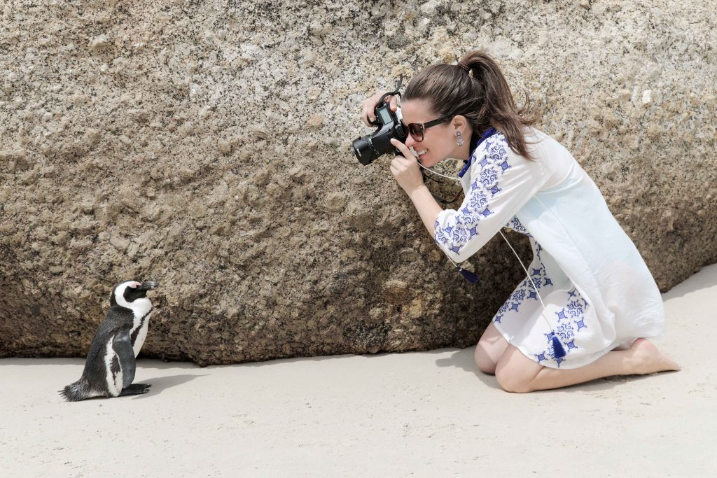 A girl laying on the beach photographing a penguin. Discover 10 photography ideas to boost your creativity! Get out of the slump and get shooting! And for more tips, follow The Scenic Suitcase on Pinterest! #photographytips #photographyinspiration
