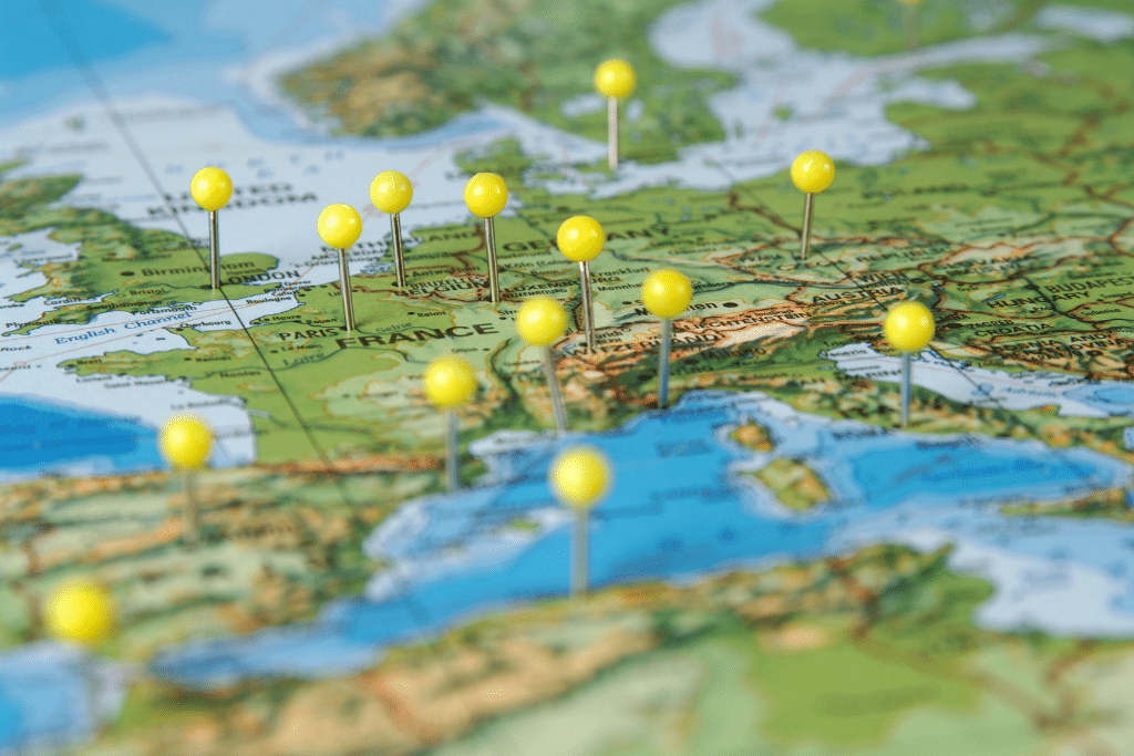 yellow pins on a map of France.