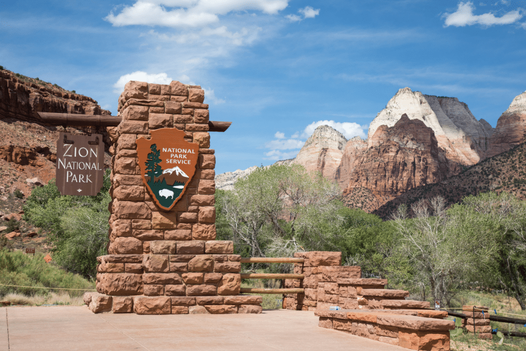 Zion National Park welcome sign.