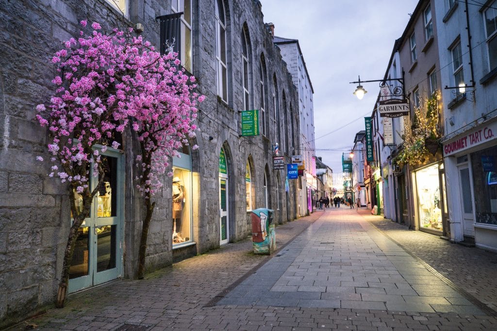 A pink floral doorway along a street in Galway in the evening.