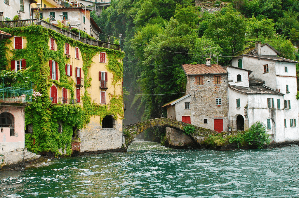 Colorful buildings along Lake Como. One of the most beautiful lakes in Italy.