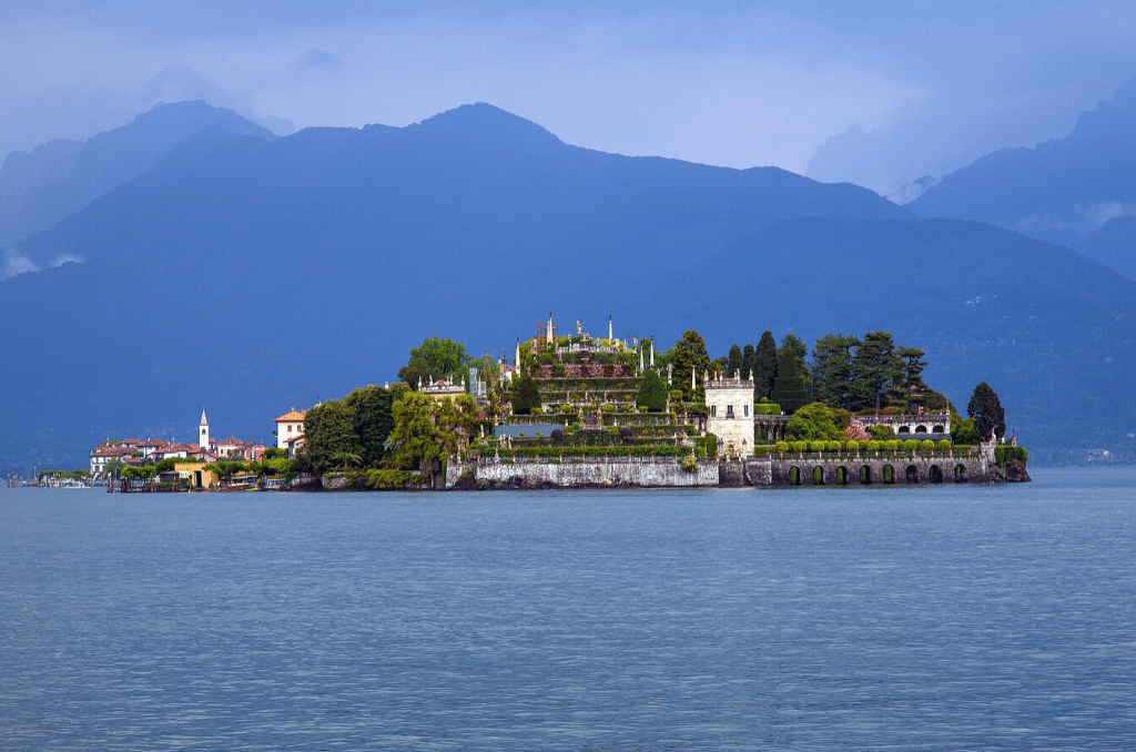 Island with buildings on Lake Maggiore.