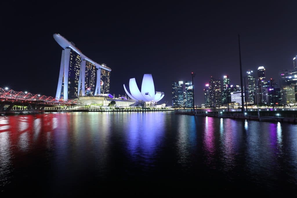 The Singapore skyline lights reflected in the bay. One of the picture perfect moments of 2019. #singapore