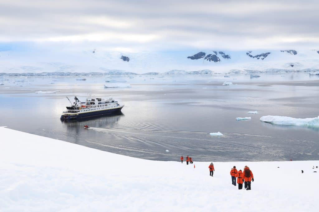 People walking down a hill towards a cruise ship in Antarctica. #antarctica