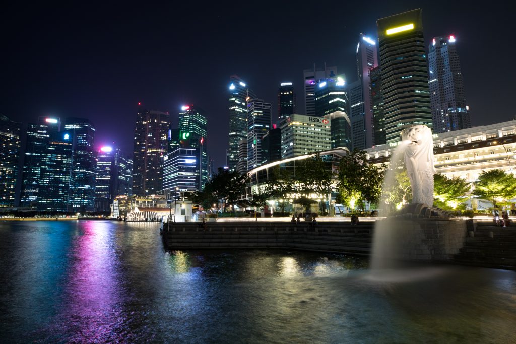 The skyline and Merlion fountain in Singapore at night. #singapore #merlion #marinabay