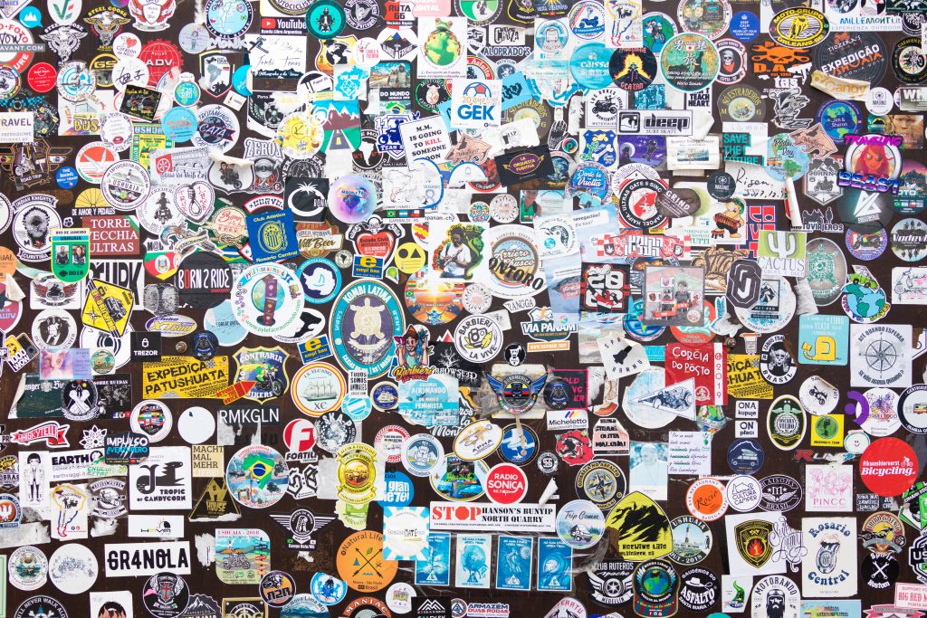 Tons of stickers covering a board in Ushuaia, Argentina. #ushuaia