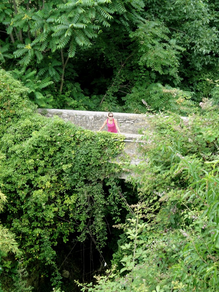 A girl standing in lush greenery on a stone bridge.