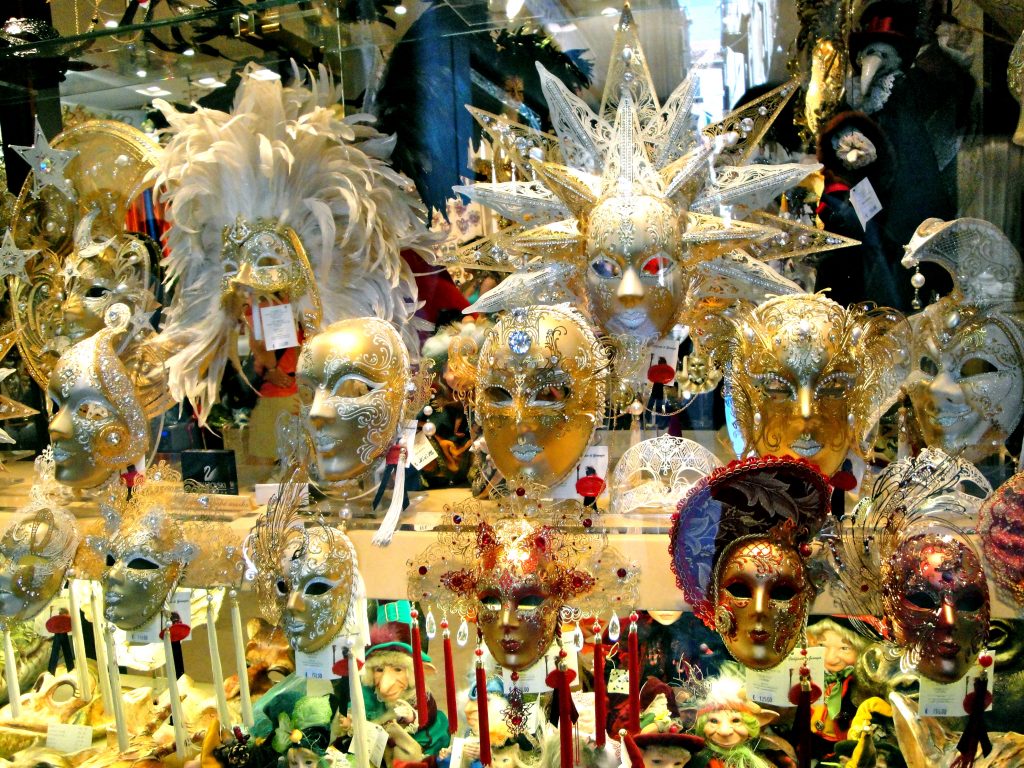 Gold carnival masks in Venice, Italy.
