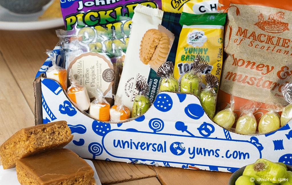 A Universal Yums box filled with food from different countries.