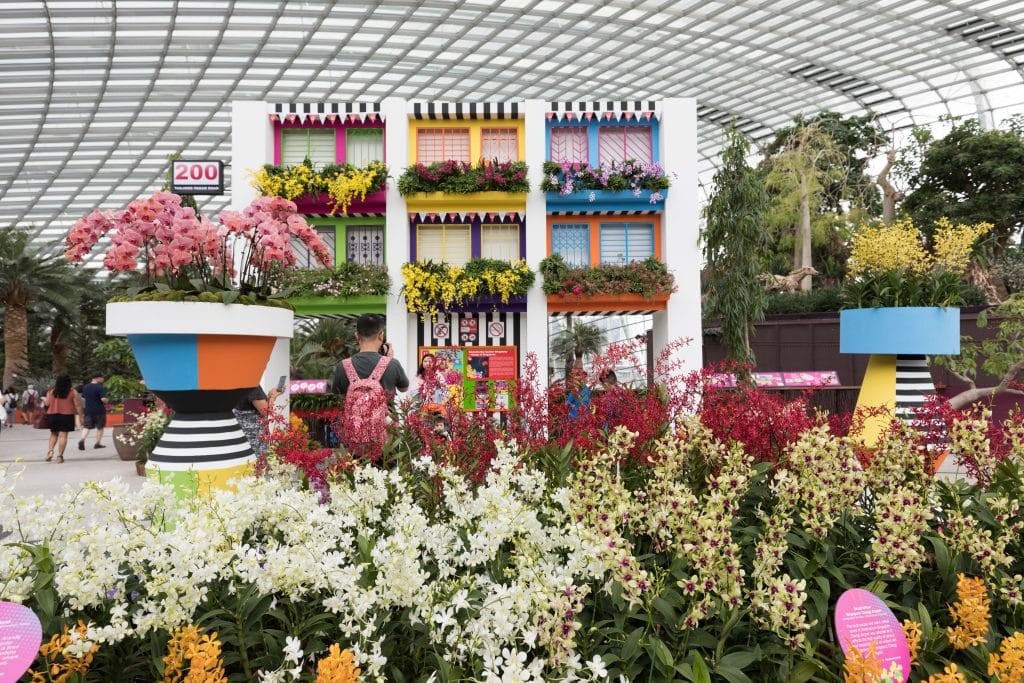 A colorful fascade and lots of orchids inside the Flower Dome Singapore.