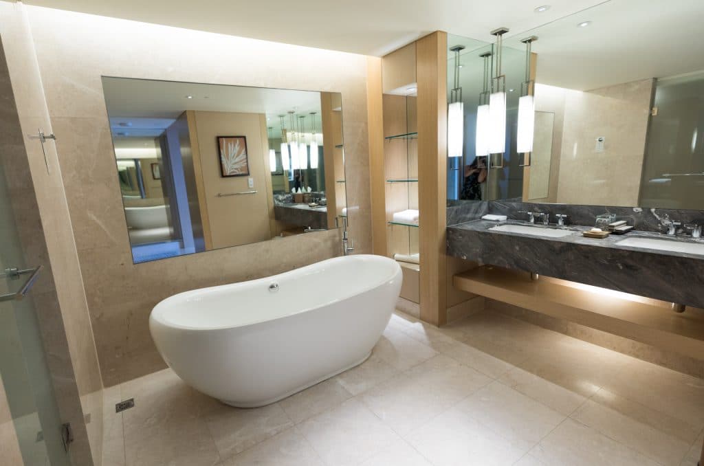 A large bathtub at a bathroom inside the Marina Bay Sands. 