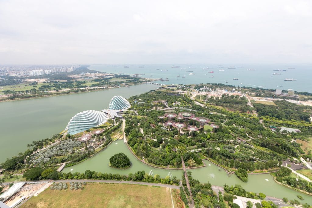 An aerial view of the Cloud Garden and SupertreeGrove in Singapore from the top of the Marina Bay Sands Singapore.