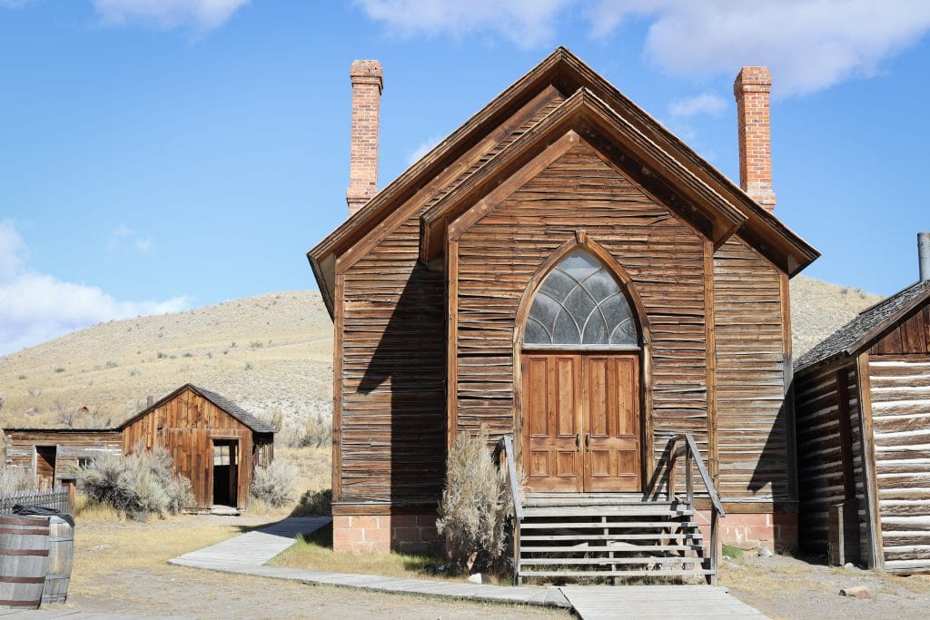 An old, wooden Methodist church in the ghost town of Bannack Montana.