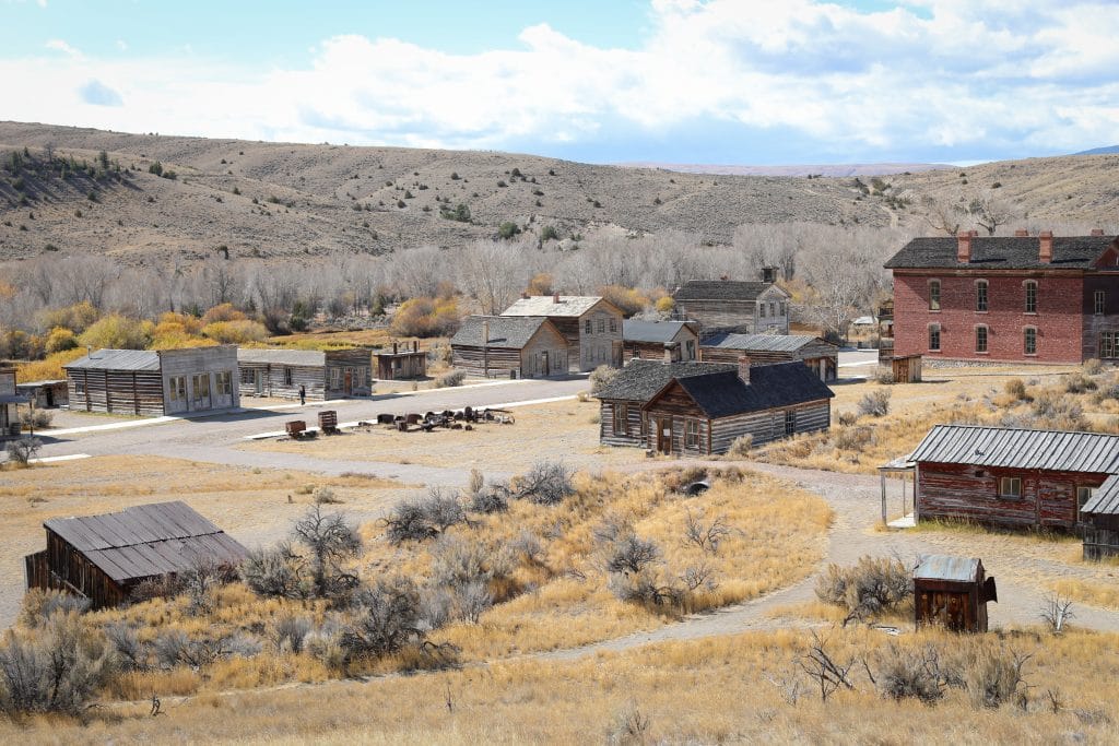 Looking down the hillside for a bird's eye view of the ghost town in Bannack Montana.