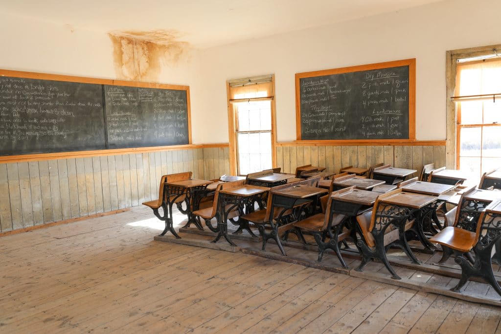 An old classroom with blackboards in Bannack Montana.