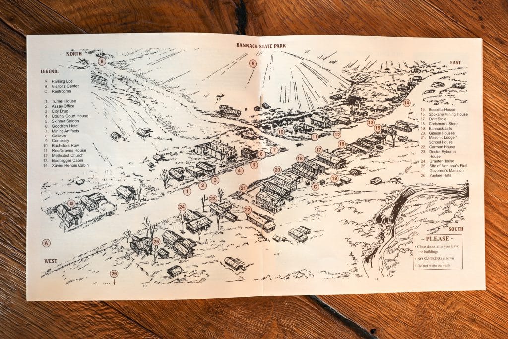 Visitor guide with a map showing the different buildings around the ghost town in Bannack Montana.