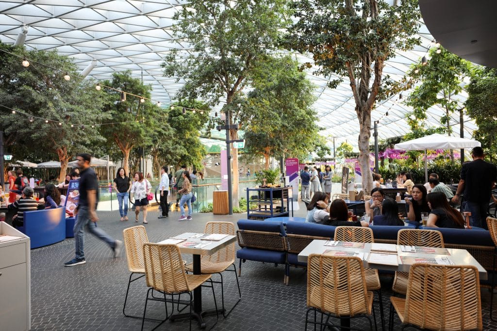 Tables outside restaurants in the Changi Airport's Jewel. #changiairport #jewelchangiairport