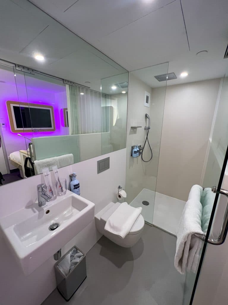 A room bathroom at the Yotel Air at Changi Airport.