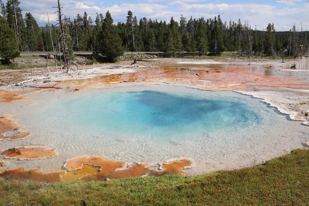 Orange and turquoise waters of a hot spring in Yellowstone.