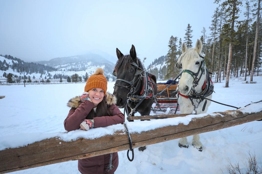 A girl standing next to two horses attached to a sleigh with snow. #320guestranch