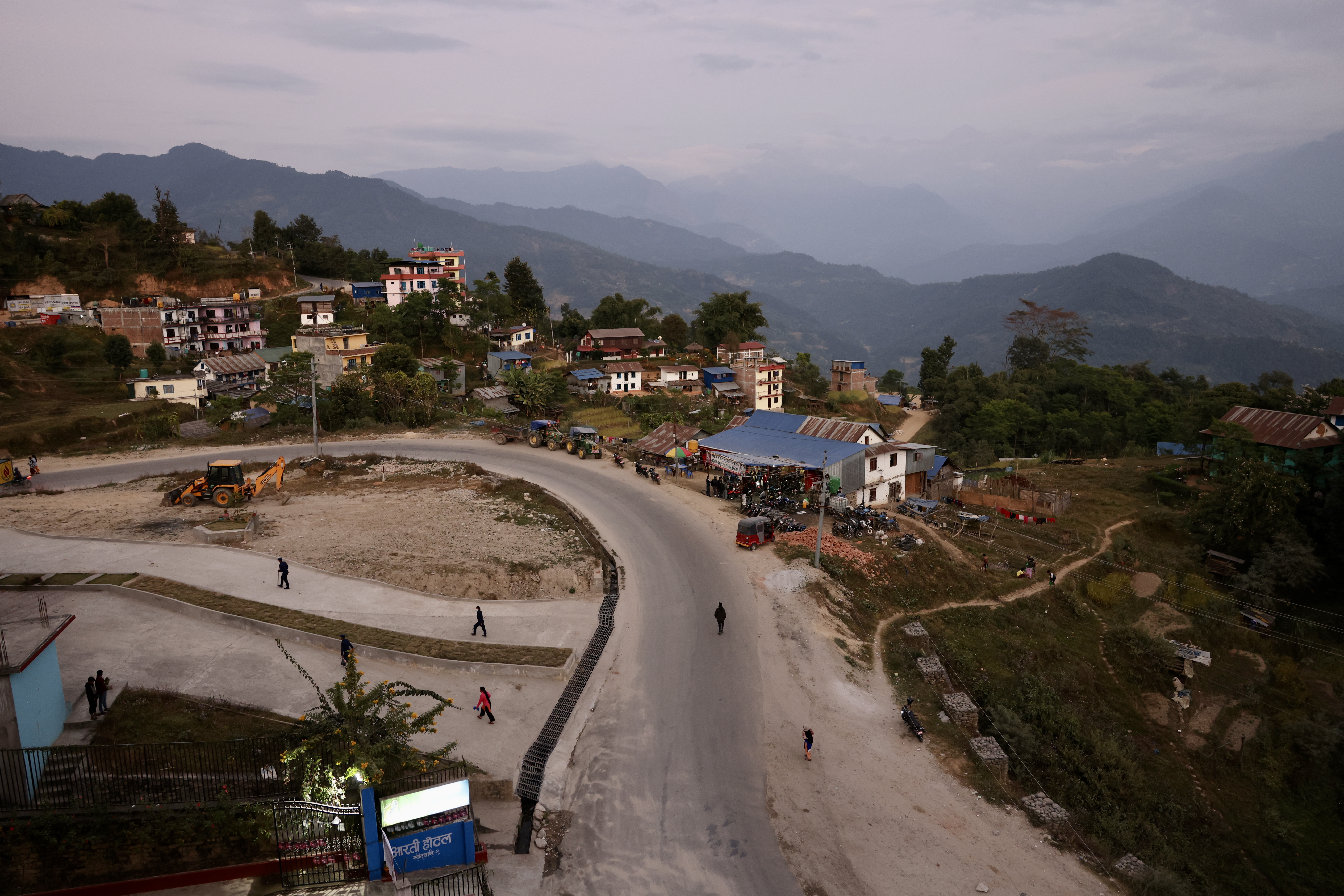 A bird's eye view of a small mountain village in Nepal.