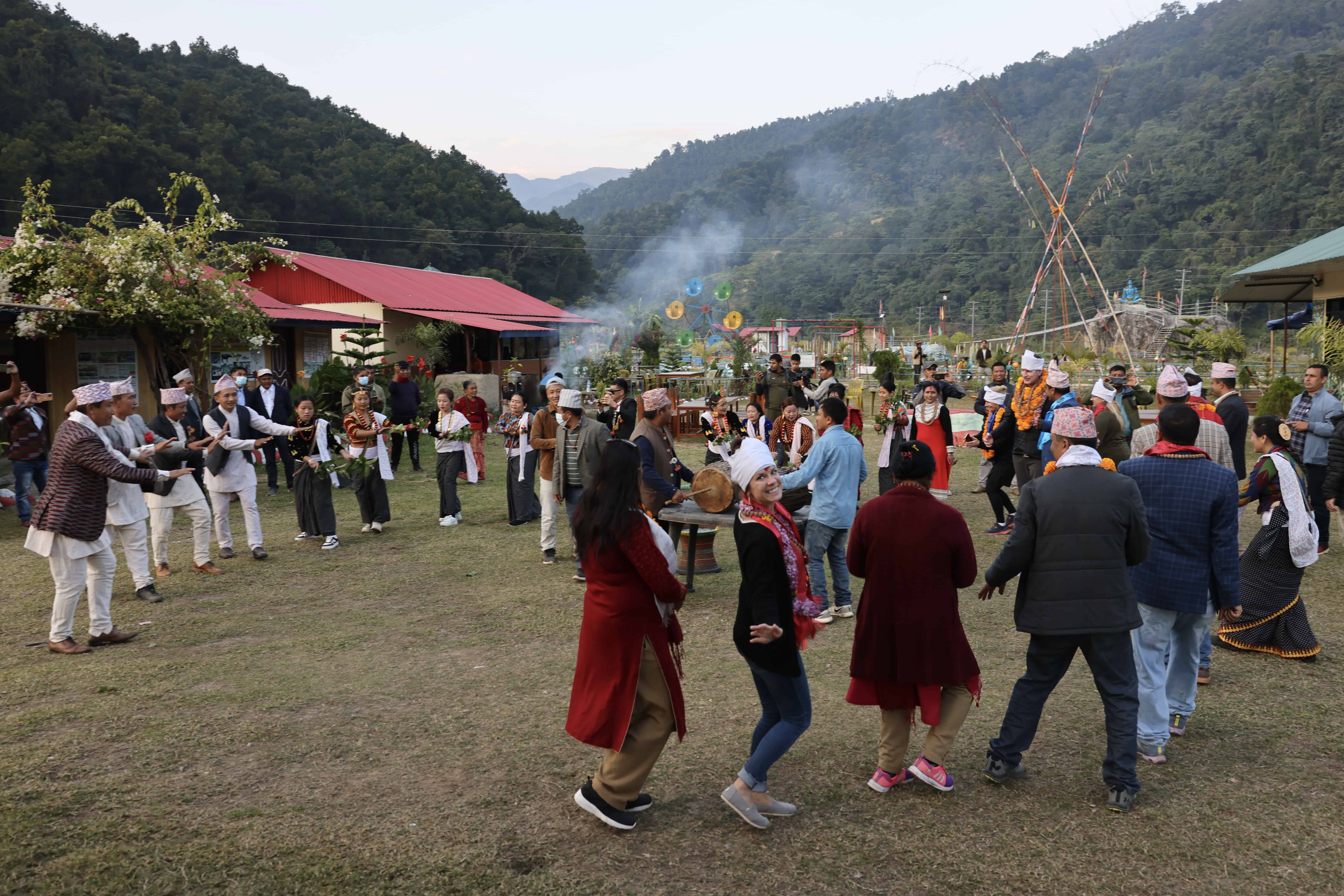 A group of people dancing in Nepal.