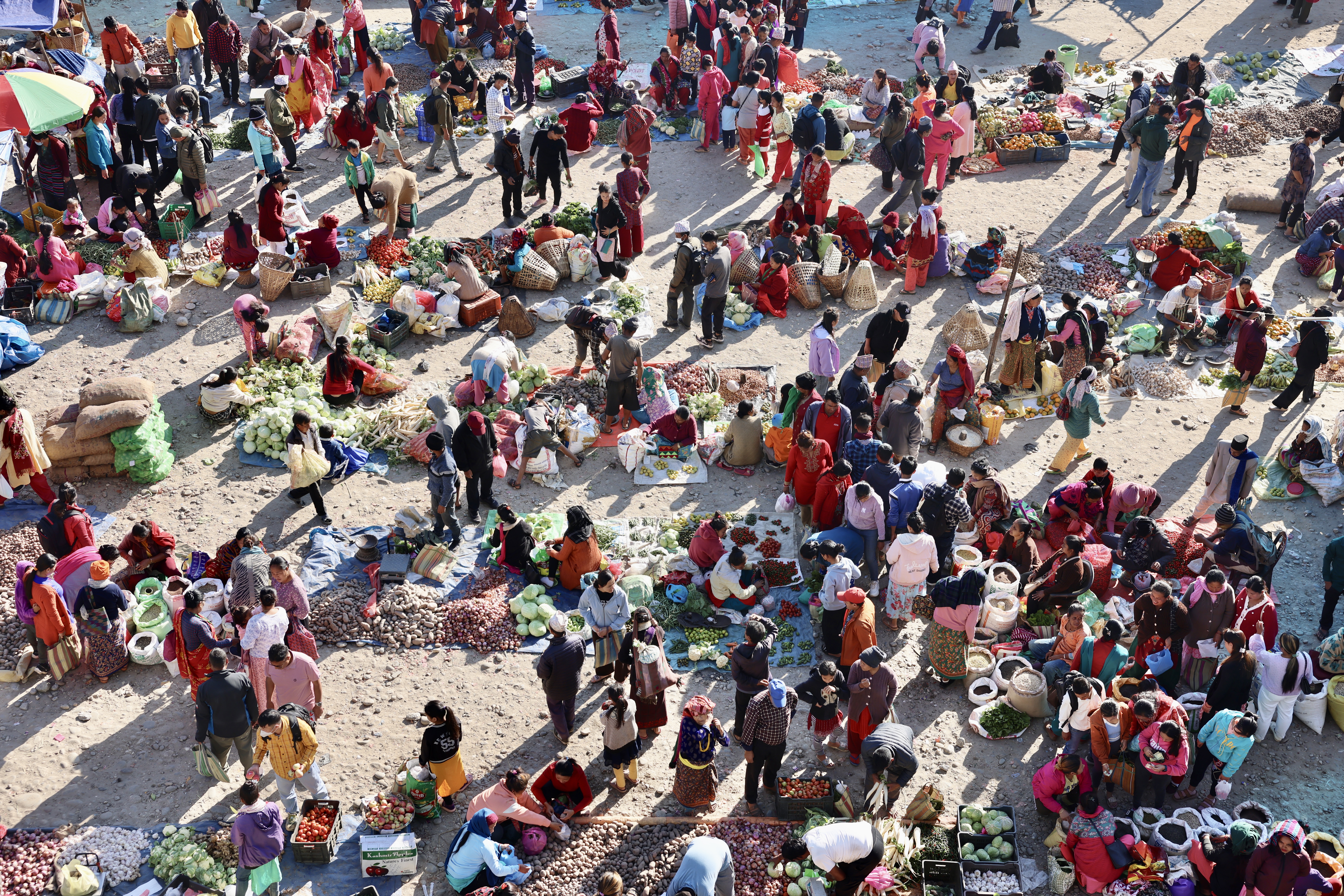 A birds eye view of a colorful Nepali market.