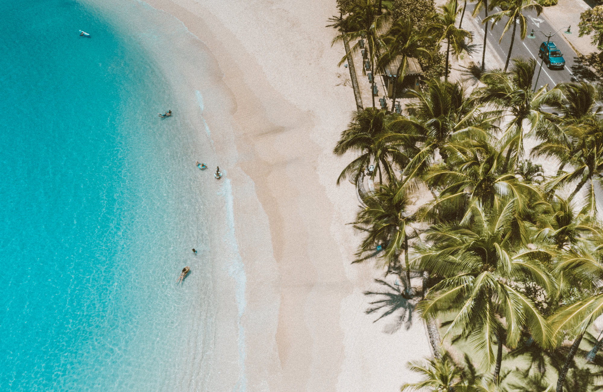 An aerial shot of a beach with palm trees and turquoise waters.