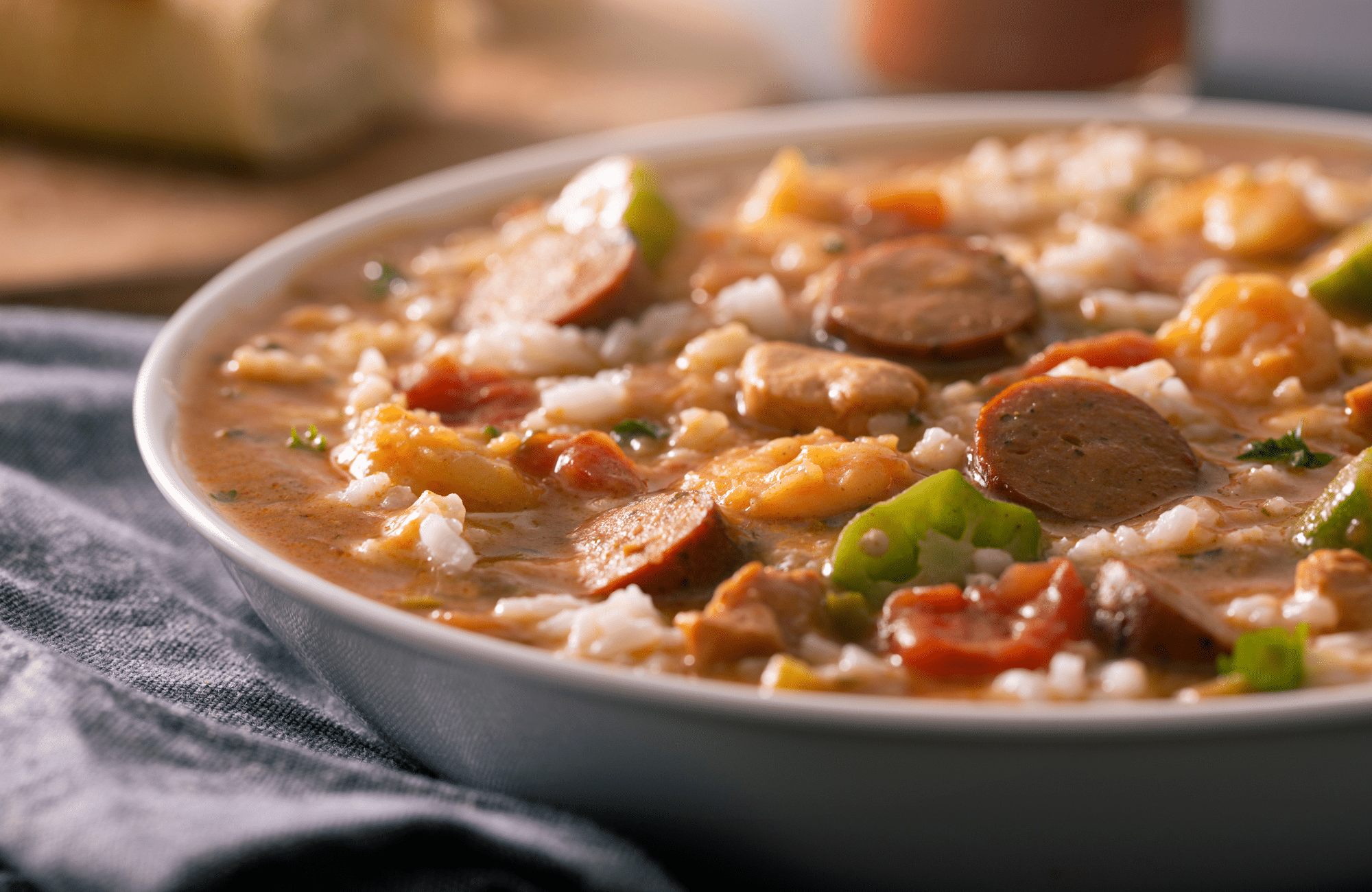 Jambalaya in a white dish.